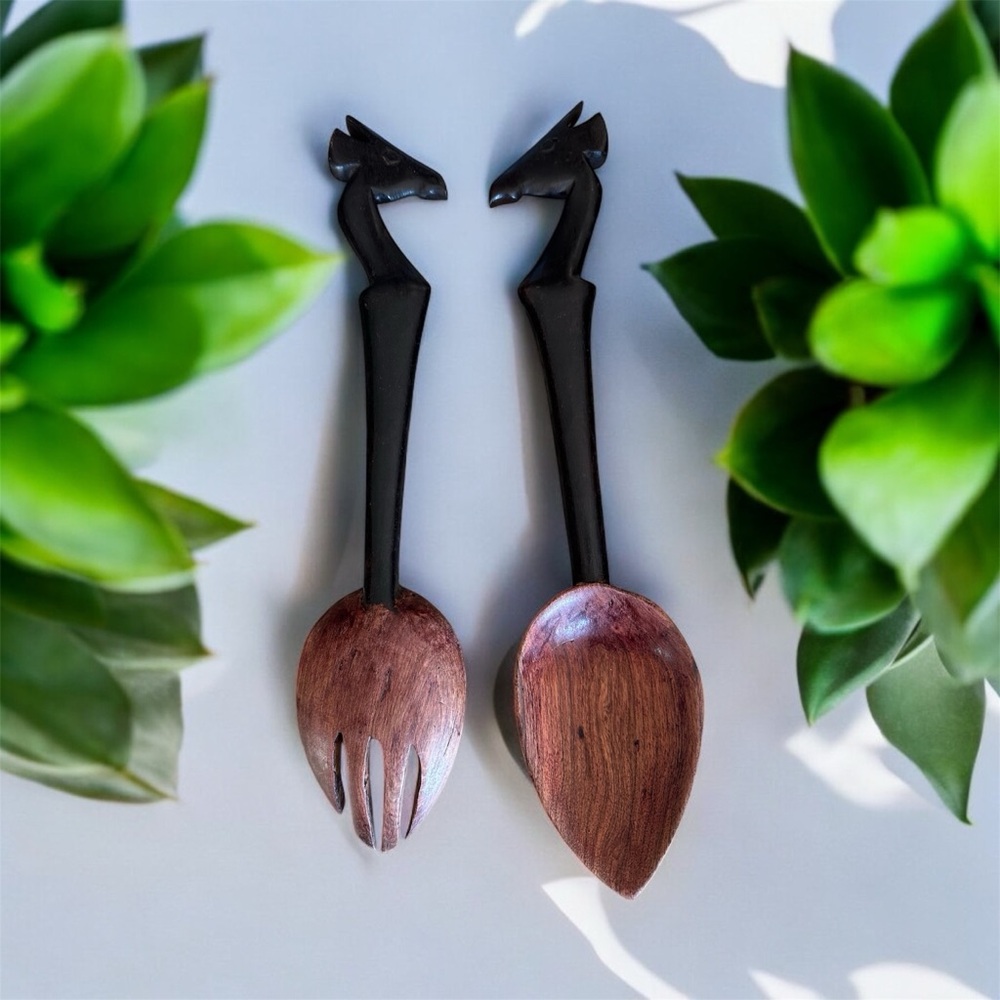 African wooden salad serving set fork and spoon handcarved Zimbabwe 2 tone